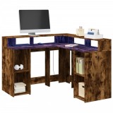 vidaXL Birou cu lumini LED stejar fumuriu 130x130x91 cm lemn prelucrat