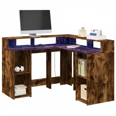 vidaXL Birou cu lumini LED stejar fumuriu 130x130x91 cm lemn prelucrat foto