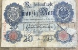 BNKSTR03DE Bancnotă Veche Germania 20 Mark 1907 (Reichsbanknote), Perioada Imperială, Vulturul German, Colecție / Numismatică