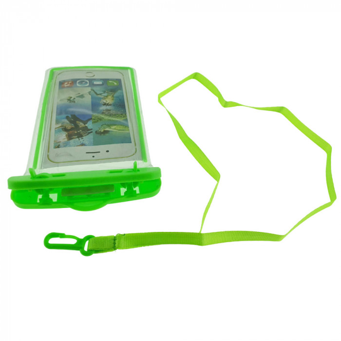 Husa universala impermeabila cu snur de prindere, Waterproof Glow 35279, pentru telefoane 4.8-5.8 inch, verde