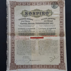 Actiune soc. petrol SOSPIRO , titlu de 5 actiuni la purtator din 1923