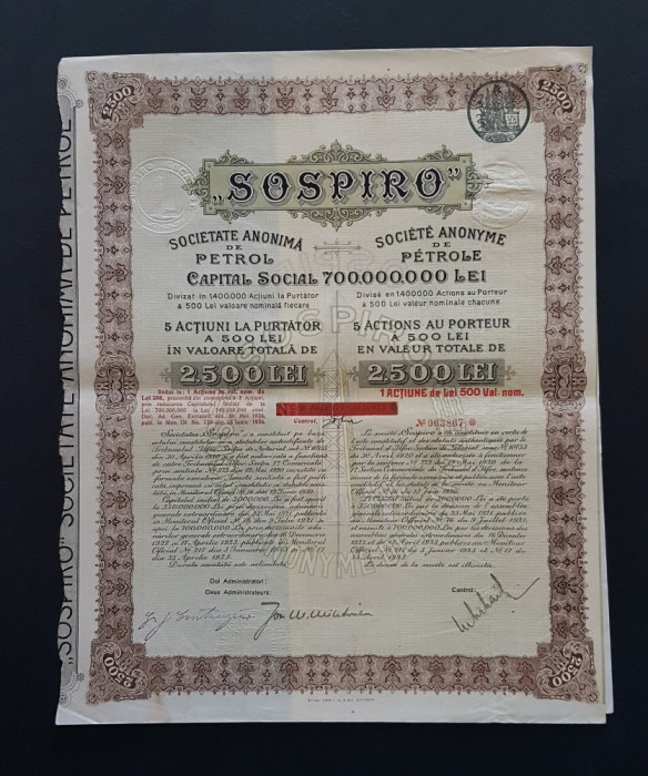 Actiune soc. petrol SOSPIRO , titlu de 5 actiuni la purtator din 1923