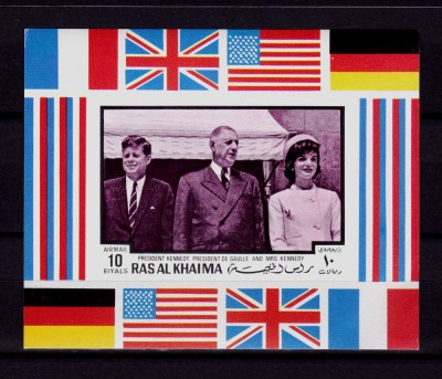 ✅(C45) Ras Al Khaima 1970 &amp;quot;J.F.Kennedy/De Gaulle &amp;quot;,colita 95B ned.,Mi.CV 22&amp;euro;,MNH foto
