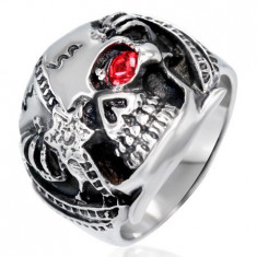 Inel masiv din oțel - craniu de luptător cu zirconiu roșu, patină - Marime inel: 57