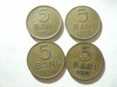 4 Monede 5 Bani 1954 , 55 , 56 cal. Buna si 1957 -cal. slaba foto