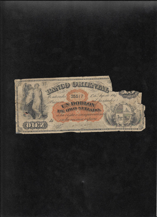 Rar! Uruguay 10 pesos un dublon de oro sellado 1867 seria35517 uzata