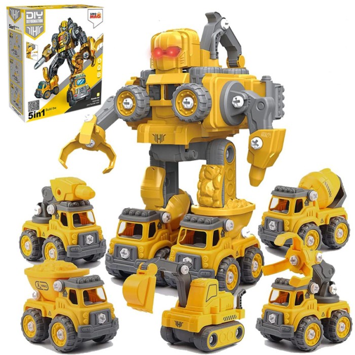 Robot Transformer DIY in 5 Utilaje de Constructii, Linomag&reg;, Basculanta, Betoniera, Excavator, Graifer forestier, Drill, Surubelnita Inclusa, + 3 Ani,