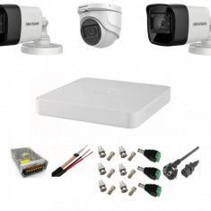 Sistem supraveghere video Hikvision 3 camere 5MP, 2 exterior Turbo HD IR 80 M 1 interior IR 20m cu full accesorii SafetyGuard Surveillance