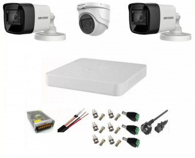 Sistem supraveghere video Hikvision 3 camere 5MP, 2 exterior Turbo HD IR 80 M 1 interior IR 20m cu full accesorii SafetyGuard Surveillance foto