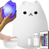 Lampa de veghe LED pisicuta RGB din silicon, cu telecomanda
