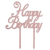 Topper tort Happy Birthday din plastic cu glitter, roz auriu, 12x16 cm, CMCLASS