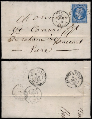 France 1864 Cover + Content Vannes to Drucourt - Railroad cancel D.855 foto