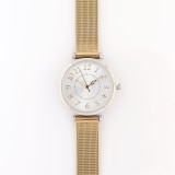 Ceas modern cu carcasa argintie si bratara metalica aurie