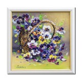 Cumpara ieftin Tablou cu panselute pictat manual inramat, Parfum de sarbatoare, 35x35cm ulei panza, rama din lemn, Mircea Iordache