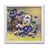 Tablou cu pansele pictat manual inramat, Parfum de sarbatoare, 35x35cm ulei panza, rama din lemn