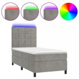 Cumpara ieftin Pat cu arcuri, saltea si LED, gri deschis, 100x200 cm, catifea