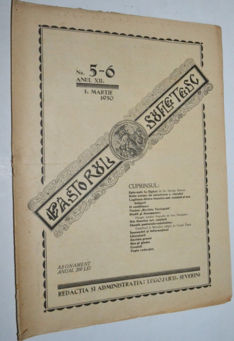 Revista teologica Pastorul sufletesc NR. 5- 6 , Lugoj 1930