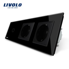 Intrerupator LIVOLO simplu cap scara / cap cruce cu touch si 2 prize din sticla SmartElectro IntelligentHouse