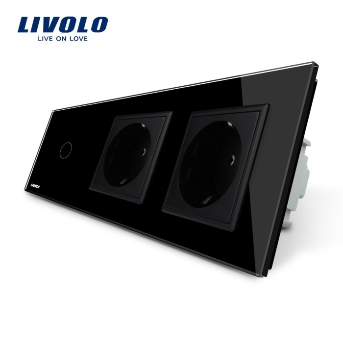 Intrerupator LIVOLO simplu cap scara / cap cruce cu touch si 2 prize din sticla SmartElectro IntelligentHouse