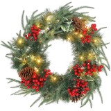 HOMCOM Ghirlandă de Crăciun de 60 cm cu Lumini LED Albe, Coroană de Crăciun cu Temporizator, 170 de Ramuri, Conuri de Pin, Boabe și V&acirc;sc, Decor de Cră