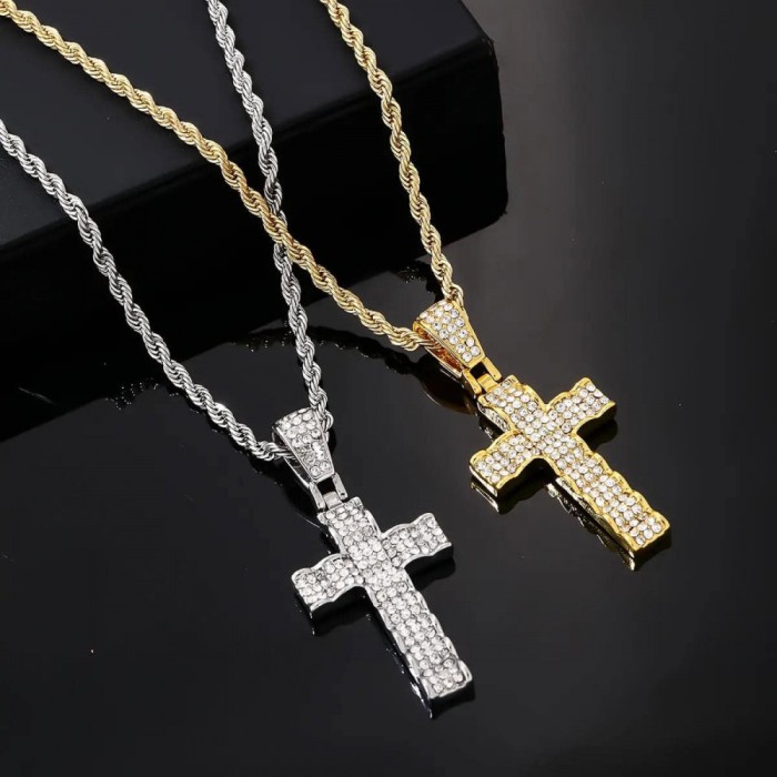 Lant din Inox Placat Auriu sau Argintiu&ndash; Cruce Masiva, Bijuterie Hip-Hop