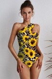 SW2240-192 Costum de baie intreg cu decolteu si bretele asimetrice si print floarea soarelui, M, S/M