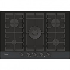 Plita incorporabila Haier HAVG75HB, Gaz, 5 arzatoare, Aprindere electrica, Wok, Gratar fonta, 75 cm, Sticla neagra