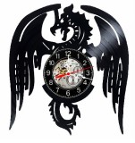 Ceas perete vinil negru, Dragon Mitologic Fantasy, 30cm, Mecanism Quartz Silentios, Handmade