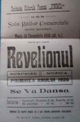 Afiș SOCIETATEA CULTURALĂ ROM&amp;Acirc;NĂ JUNIMEA : REVELIONUL 1919-1920,circulat timbrat foto