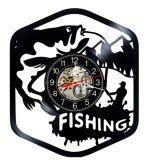 Ceas de perete decorativ realizat din disc de vinil, Model Pescuit Pescar Peste Fishing, Negru, 30 cm