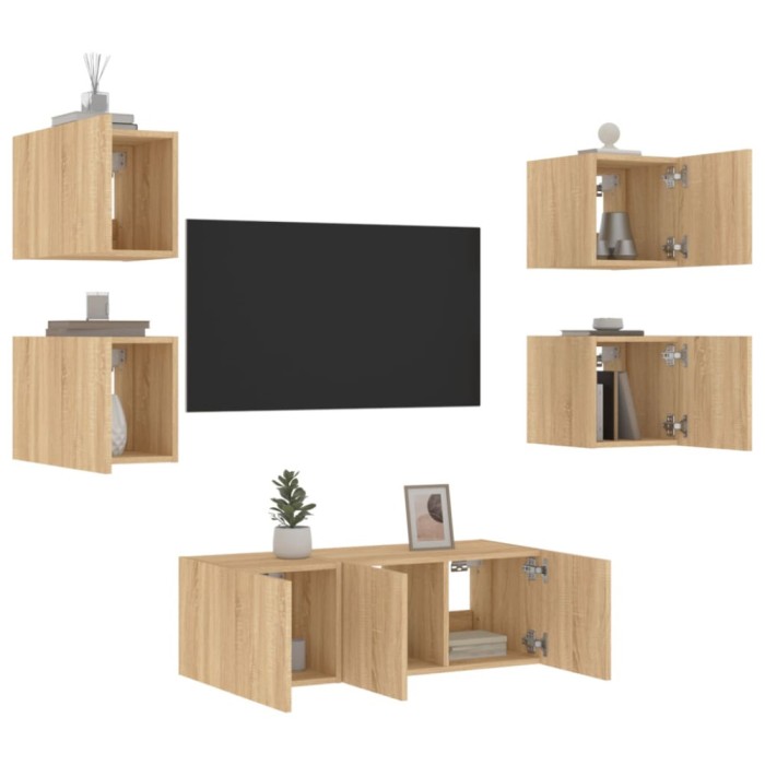 vidaXL Unități de perete TV cu LED-uri, 6 piese, stejar sonoma, lemn 3216813