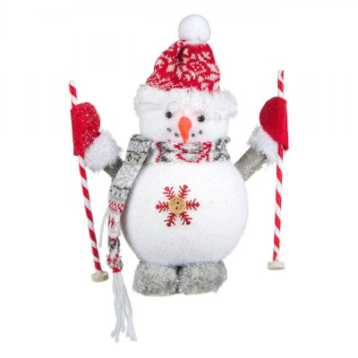 Figurină Crăciun, Om de Zăpadă, Spumă, Alb, 24cm, Fular Gri, Căciulă Roșie, Schiuri foto