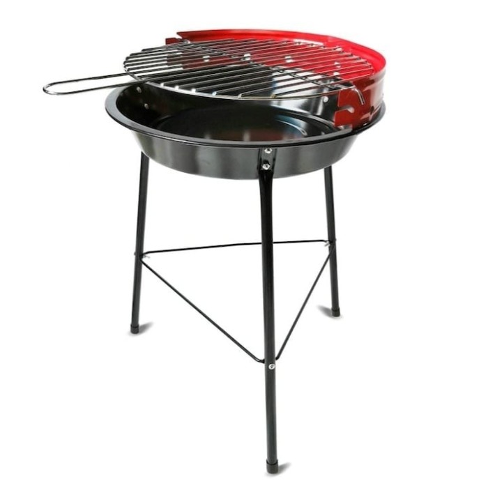 Gratar de gradina, fix, cu 3 picioare, din metal, cu suprafata de gatire reglabila, protectie anti-vant, negru/rosu