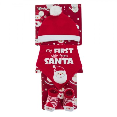Set Nou-Născuți 3 Piese, Căciuliță Bavetă și șosete 3D, Roșu/Alb, 0-6 Luni, &amp;quot;My First Visit From Santa&amp;quot; foto