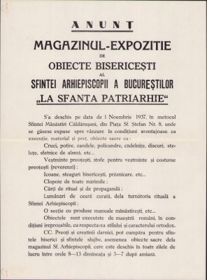 HST A509 Afiș magazin-expoziție Arhiepiscopia Ortodoxă București 1937 foto