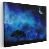 Tablou peisaj nocturn cu copac singuratic si luna Tablou canvas pe panza CU RAMA 80x120 cm