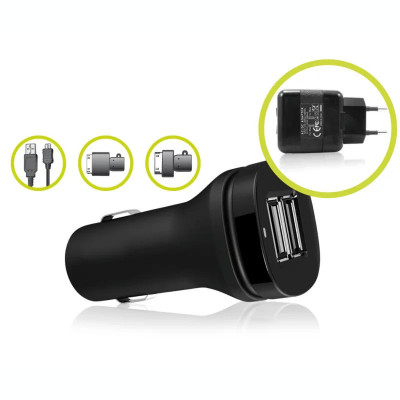 Set Incarcator Auto si Retea Ksix 2xUsb+Cablu Date Micro Usb 30Pin Negru foto