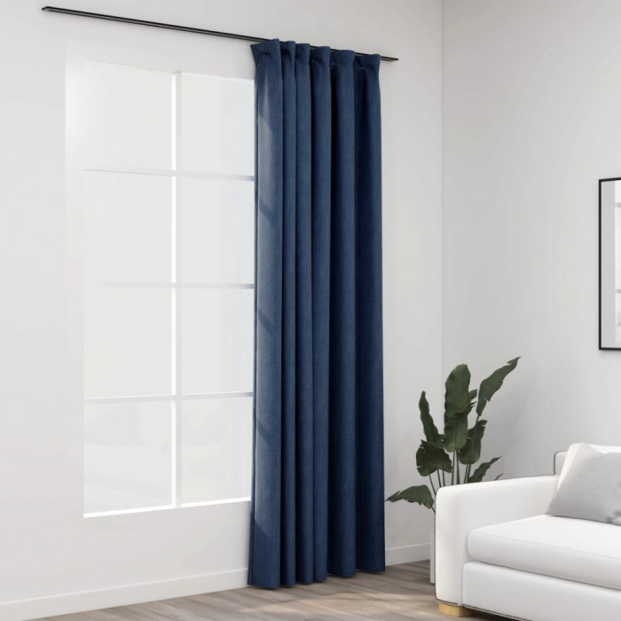 Gossi draperie opaca, aspect de in, albastru, 290x245 cm, cu carlige