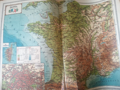 Harta interbelica Franța din Atlasul G-ral C. Teodorescu, ediția 1928. foto