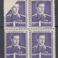 ROMANIA 1943/45 LP 154 MIHAI I UZUALE FILIGRAN MM EROARE BLOC DE 4 TIMBRE MNH