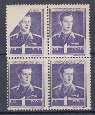 ROMANIA 1943/45 LP 154 MIHAI I UZUALE FILIGRAN MM EROARE BLOC DE 4 TIMBRE MNH foto