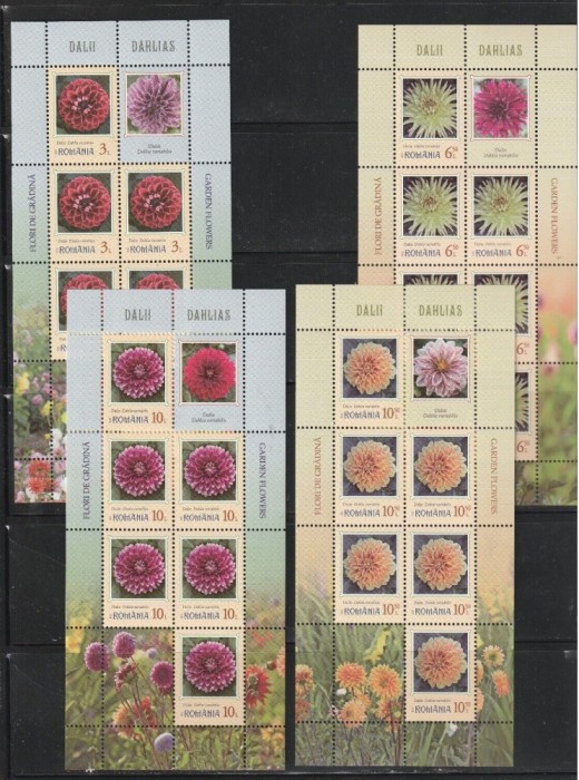 Flora - Flori de grădină - Dalii, minicoli de 6 timbre și 2 viniete, 2022, LP 2390b, MNH
