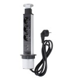 Priza schuko incastrabila in blat de birou sau bucatarie, 3 posturi 220-240VAC 16A + 2 prize USB cablu 1.8m, pop-up, Omu System