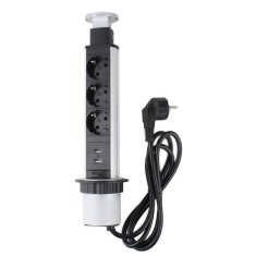 Priza schuko incastrabila in blat de birou sau bucatarie, 3 posturi 220-240VAC 16A + 2 prize USB cablu 1.8m, pop-up