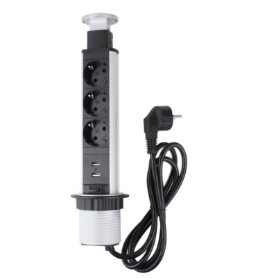 Priza schuko incastrabila in blat de birou sau bucatarie, 3 posturi 220-240VAC 16A + 2 prize USB cablu 1.8m, pop-up foto