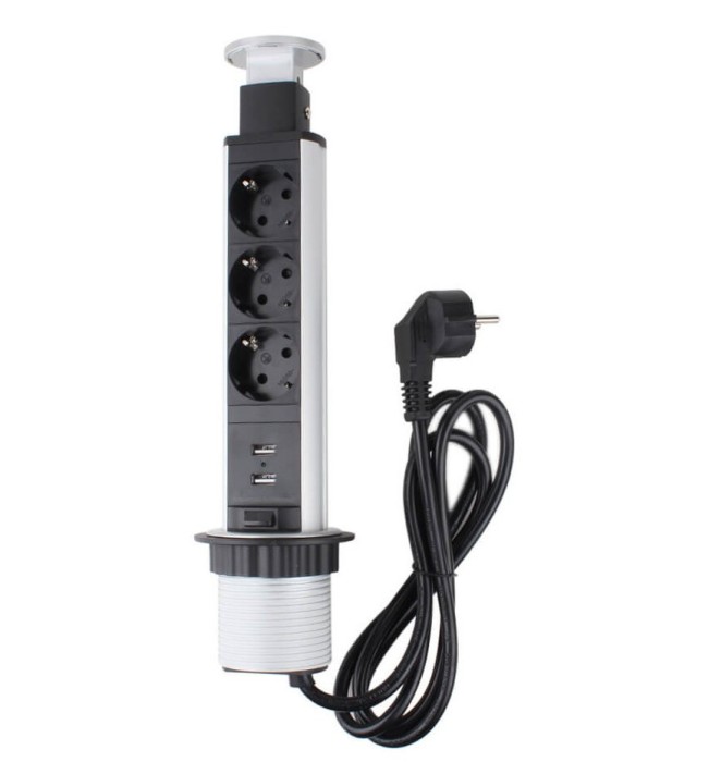 Priza schuko incastrabila in blat de birou sau bucatarie, 3 posturi 220-240VAC 16A + 2 prize USB cablu 1.8m, pop-up