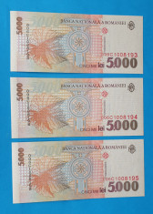 Lot x trei bancnote serie consecutiva Bancnota 5000 Lei 1998 - 5.000 Lei foto