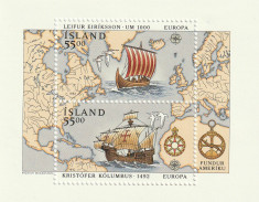 Islanda 1992-Europa CEPT,Corabii cu panze,Aniversare Columb-bl dant.MNH,Mi.Bl.13 foto