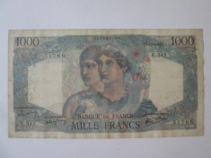 Rara! Fran?a 1000 Francs/Franci 1946 Minerva si Hercule,bancnota din imagini cu cateva intepaturi in partea stanga,vedeti fotografiile foto
