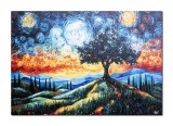 Cumpara ieftin Tablou pictat manual, Noapte instelata, copacul vietii si chiparosi, 100x70cm ulei pe panza, Valentin Pop